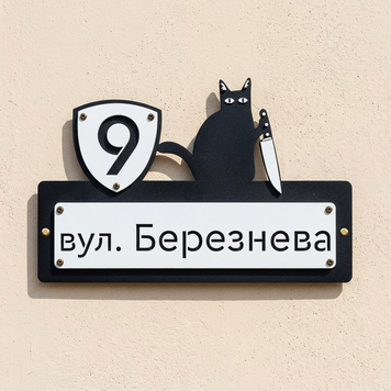 Адресна табличка з чорним котом та номером будинку 55463 фото